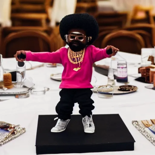 Image similar to mini kanye west dancing on a table