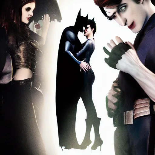 Prompt: Edward Cullen beating Batman while Bella Swan kisses the Catwoman in the background night full moon city buildings gotham city movie poster