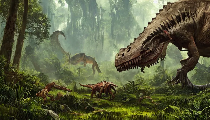 Prompt: A machinated dinosaur hybrid of a BEHEMOTH strolling along a lush green forest from the playstation 5 game Horizon Zero Dawn world, sci-fi concept art, highly detailed, oil on canvas by James Gurney