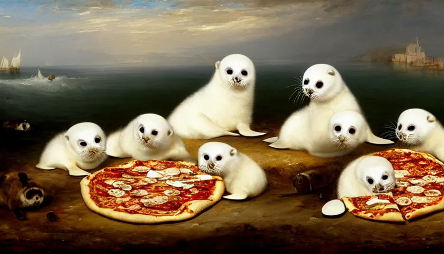 Image similar to highly detailed painting of cute furry white baby seals having a pizza party by william turner, by greg rutkowski, by william constable, thick brush strokes and visible paint layers, 4 k resolution