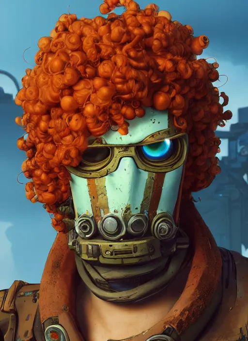 Image similar to lunarpunk portrait of curly orange hair man from borderlands 3, au naturel, hyper detailed, digital art, trending in artstation, cinematic lighting, studio quality, smooth render, unreal engine 5 rendered, octane rendered, art style by klimt and nixeu and ian sprigger and wlop and krenz cushart.