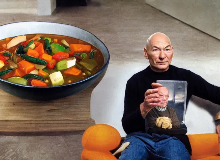 Image similar to patrick stewart sitting in a big bowl of vegetable stew