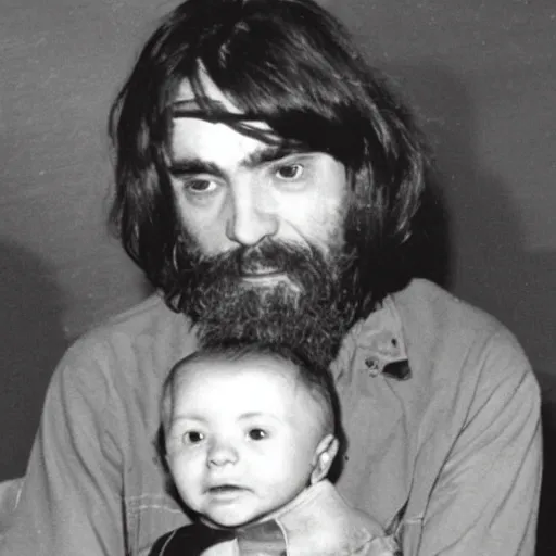 Image similar to charles manson with a baby body riding a flying fish