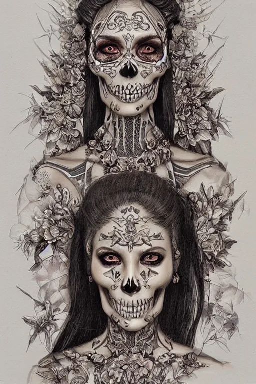 Image similar to beautiful skull cyborg portrait of a femme fatale girl with detailed patterns of thai traditional dress, highly detailed concept art by alan lee