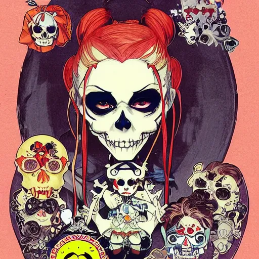 Prompt: anime manga skull portrait girl female HarleyQuinn skeleton illustration sunset art Geof Darrow and Ashley wood and Ilya repin and alphonse mucha pop art nouveau