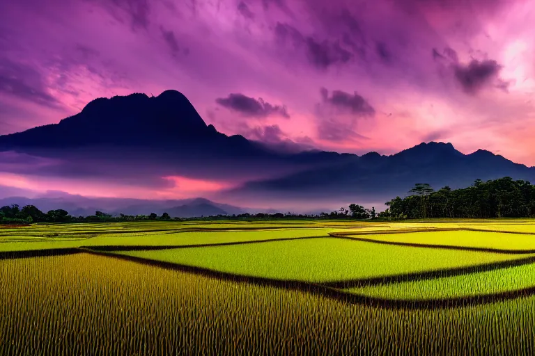 Image similar to a beautiful landscape photography of Gunung Jerai, Yan, Malaysia with a paddy field, dramatic sky, 500px, cinematic lighting, wide angle,sunrise, award winning, 8K photo realism