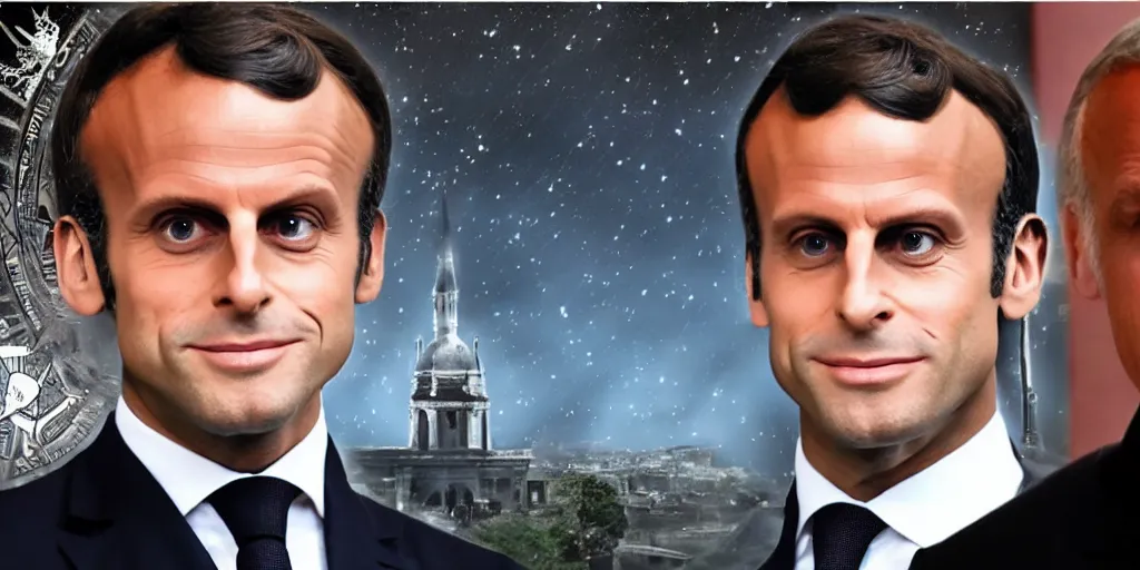 Image similar to emanuel macron hacking his way to illuminati council, freemason, epic, esoteric, matte painting, ultra detailled, conspiracy, reptilians