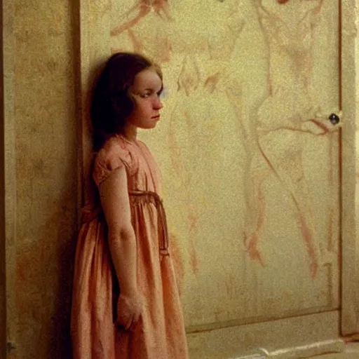 Prompt: an ivory girl in an soviet golden liminal abandoned room, film still by wes anderson, depicted by balthus, limited color palette, very intricate, art nouveau, highly detailed, lights by hopper, soft pastel colors