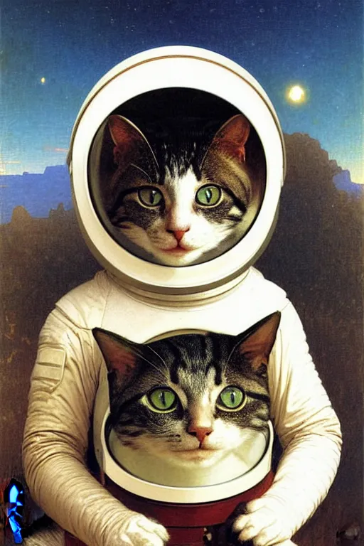 Image similar to portrait of a cat astronaut with armor and helmet, by bouguereau