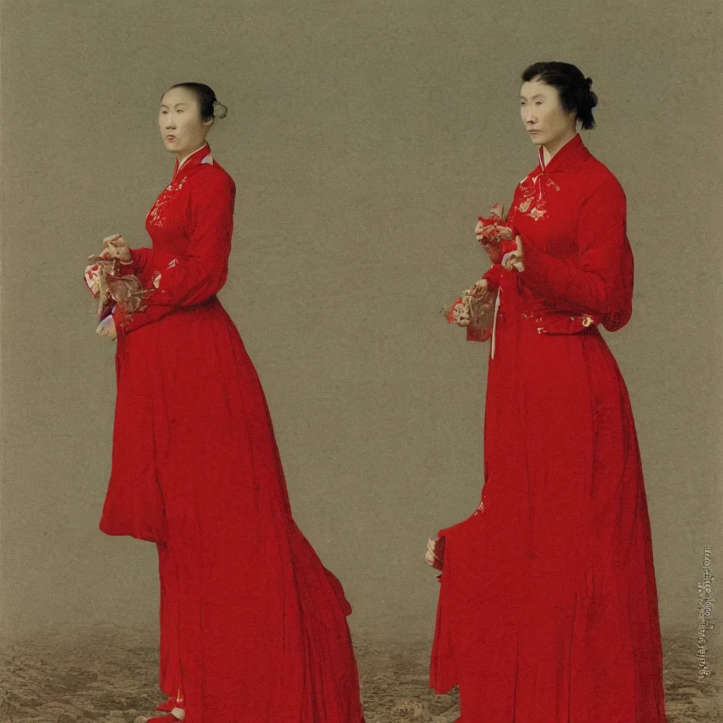 Image similar to a lady in a red cheongsam, highly detailed, photograph, by caspar david friedrich.