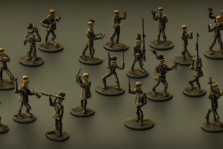 Prompt: isometric toy soldiers, dark landscape, by dan mumford and by alberto giacometti, peter lindbergh, malevich, william stout, zbrush