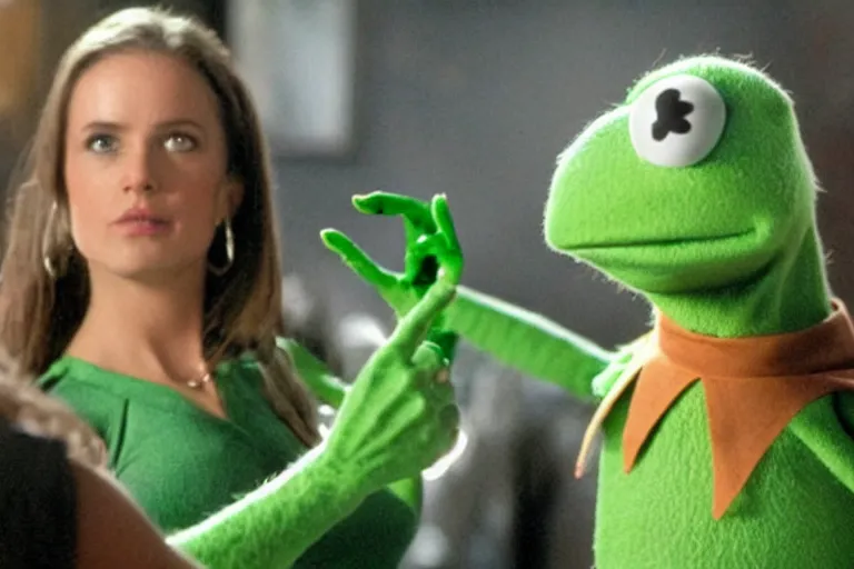 Prompt: VFX movie where Kermit the Frog plays the Terminator by James Cameron