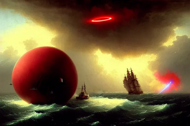 Image similar to A beautiful matte painting of huge spherical alien spaceship attacking with powerful red lasers a Sailship in ocean in thunderstorm by Greg Rutkowski and Ivan aivazovsky