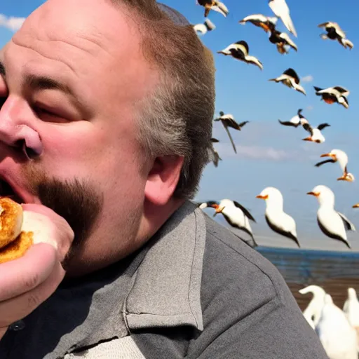 Prompt: a fat man eating a bagel while seagulls yell at him, award winning photograph, 8k,