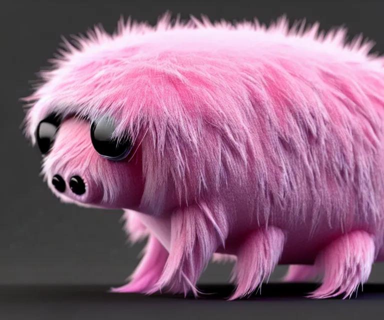 Prompt: high quality 3 d render hyperrealist very cute small tardiradiant, plush mascot, short spiky dense fluffy smooth hair, photo from the side, pink fluffy fur, 1 5 0 mm, beautiful natural soft light, rim light, vray, smooth background, artstation, ultra detailed