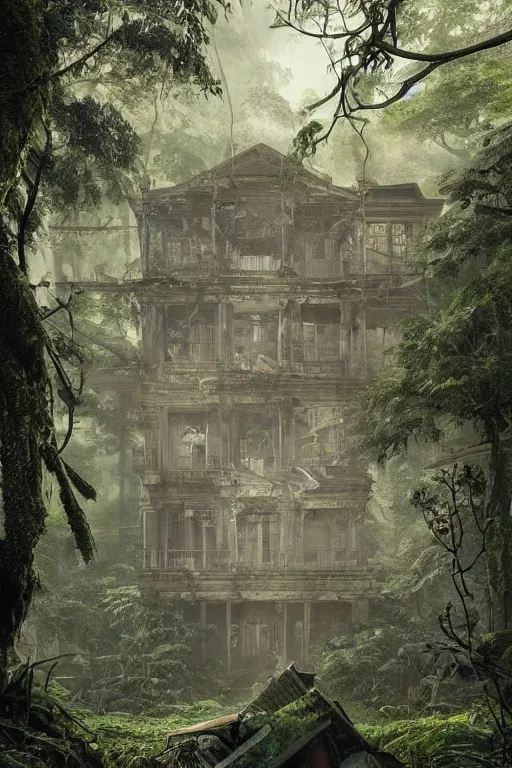 Prompt: a ( ( decaying old library ) ) with a rainforest growing inside, magical wisps, highly detailed, intricate detail, realistic shaded lighting, dramatic scenery, beautiful 3 d rendering, octane render, hyperrealistic, trending on artstation, by greg rutkowski and simon stalenhag