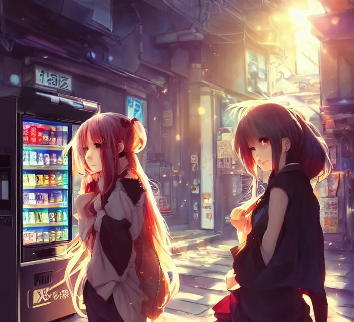 Image similar to Two beautiful anime women, standing in front of a vending machine outside of a Japanese convenience store, in a narrow Tokyo alleyway, gorgeous sunlight and shadows, D&D, fantasy, highly detailed, digital painting, artstation, concept art, sharp focus, illustration, in style of GUWEIZ and WLOP and NIXEU and Craig Mullins