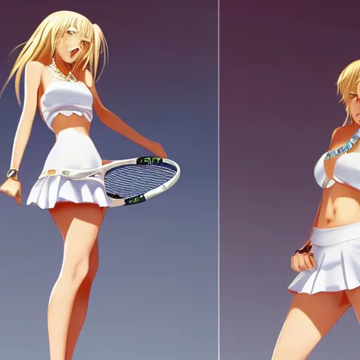 Image similar to full body shot : a very beautiful young blond tennis anime girl, sky blue eyes, large golden chain, bikini, white miniskirt, highly detailed, cinematic wallpaper by stanley artgerm lau