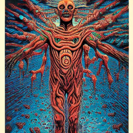 Prompt: lament configuration box floating above skinned bloody man in hell by clive barker, alex grey, lisa frank, beksinski