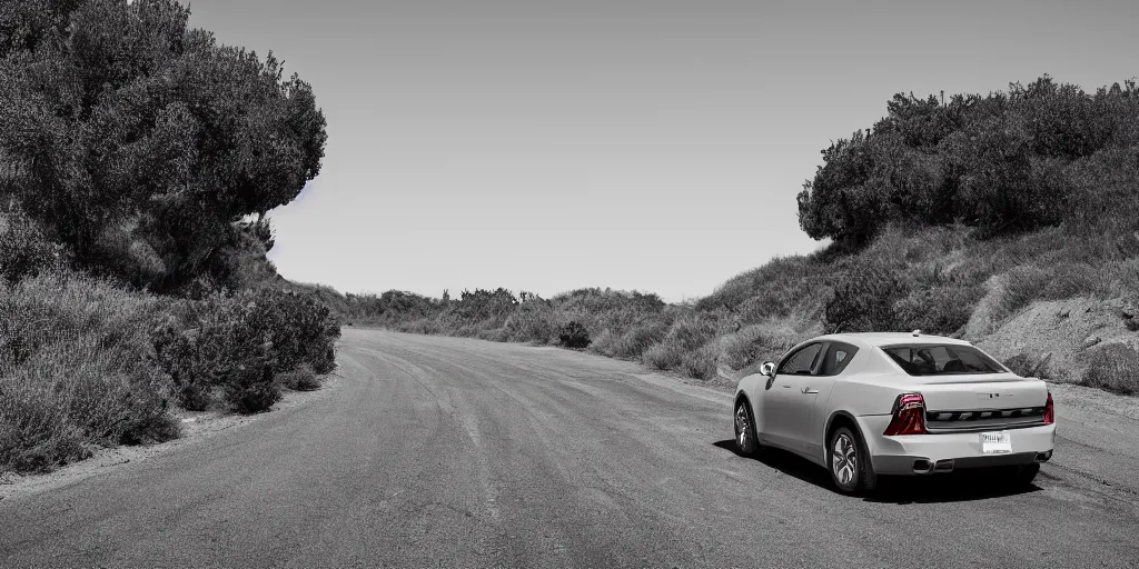 Prompt: photograph, Polestar Precept, light gray paint, by Peter Singhof, press release, cinematic, malibu canyon, 8k, depth of field, bokeh. rule of thirds