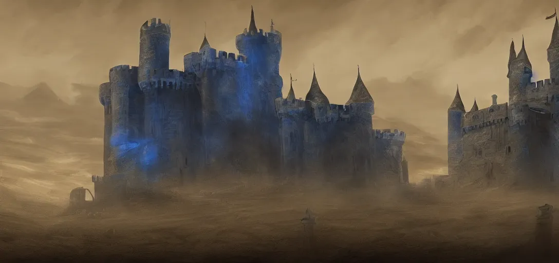 Image similar to A digital concept art painting of a dark blue medieval european ghotic castle in desert, 4K UHD image, unreal engine