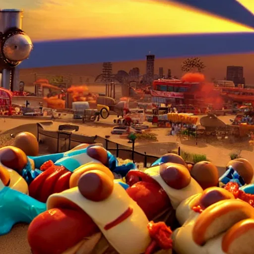 Image similar to pixar still of hotdogs falling from a blue sky at sunset in a steampunk city