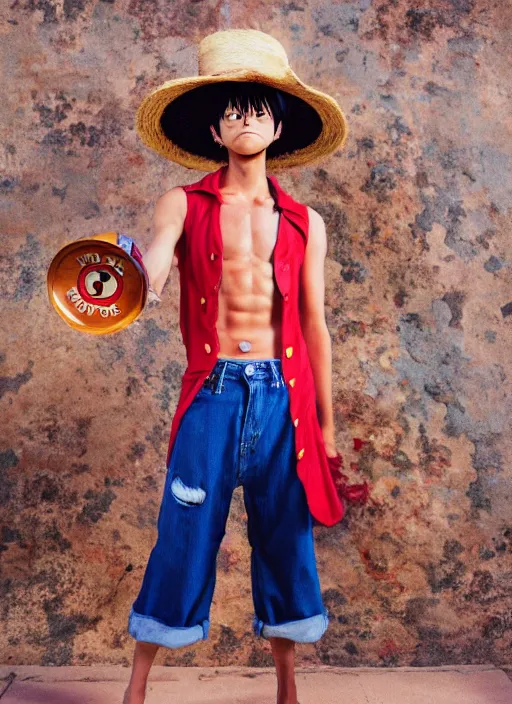 Image similar to A full portrait photo of real-life luffy one piece, f/22, 35mm, 2700K, lighting, perfect faces, award winning photography.