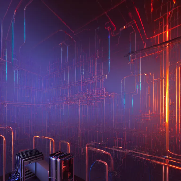 Prompt: an immaculate volumetric lighting octane redshift render of a large rack of beautiful iridescent device of unknown origin in a vast modern computing center alchemist's lab with exposed circuit boards, fog, god rays, nixie tubes and tesla coils by Zdzisław Beksiński and beeple, beautiful modern colors, ultradetailed, 4k ultra