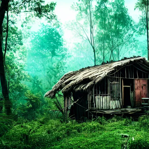 Image similar to a cinematic movie shot of a rustic multi-story ramshackle hut in the magical forest