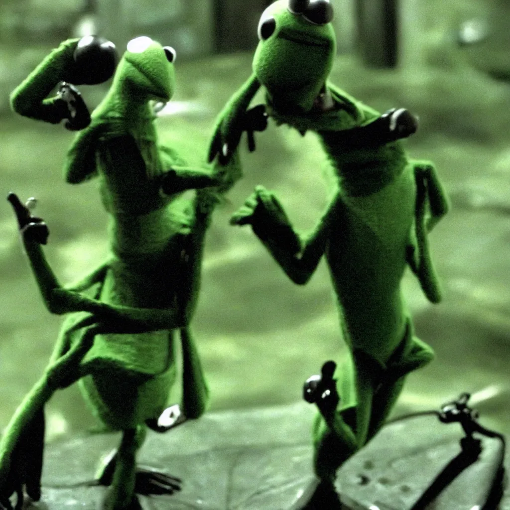 Image similar to kermit the frog as neo in the matrix ( 1 9 9 9 )