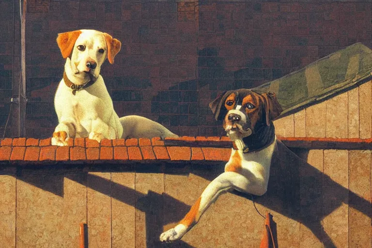 Image similar to painting of a dog, in a rooftop, watching new york, beautiful, sunset, romantic, by ludwig deutsch and maxfield parrish, patterned tilework, extremely detailed, cinematic lighting, smooth sharp focus