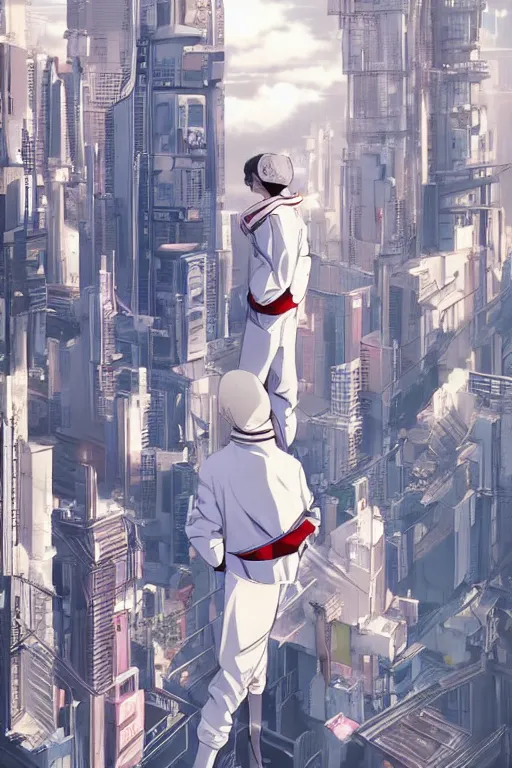 Prompt: man in white tracksuit overlooking a cyberpunk city, style of Mirror\'s Edge, dreamy, beautiful clouds, beautiful artwork by Makato Shinkai + Satoshi Kon, anime