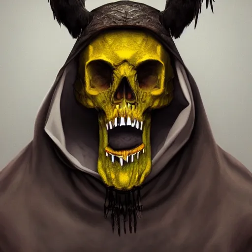 Image similar to portrait of the monster with the dear skull mask, wearing the robes, photography, highly detailed, crows eyes, gloom yellow-brown lights, 8k, artstation