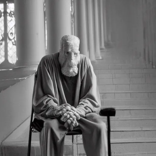 Prompt: an old pale man sitting upon a throne, lovecraftian, low angle,