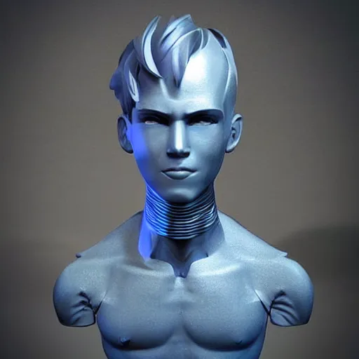 Image similar to “a realistic detailed photo of a guy who is an attractive humanoid who is half robot and half humanoid, who is a male android, twitch streamer Ninja Tyler Blevins, shiny skin, posing like a statue, blank stare”