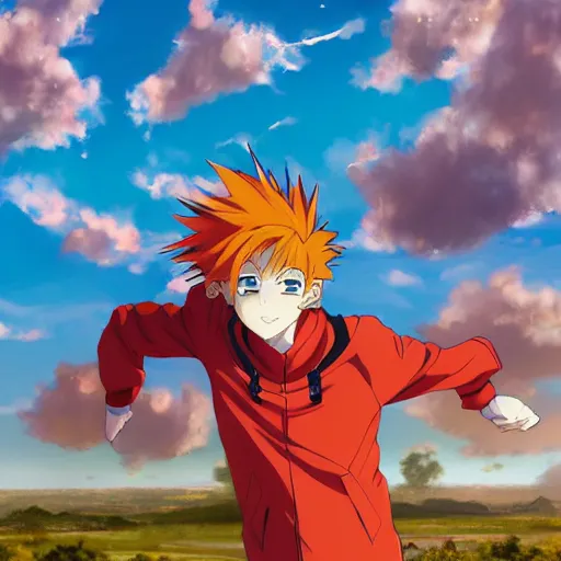 Prompt: orange - haired anime boy, 1 7 - year - old anime boy with wild spiky hair, wearing red jacket, flying through sky, ultra - high jump, late evening, blue hour, cirrus clouds, pearly sky, ultra - realistic, sharp details, subsurface scattering, blue sunshine, intricate details, hd anime, 2 0 1 9 anime