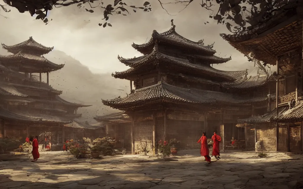 Prompt: shaolin village, sharp focus, wide shot, trending on artstation, masterpiece, by greg rutkowski, by ross tran, by fenghua zhong, octane, soft render, oil on canvas, colorful, cinematic, environmental concept art