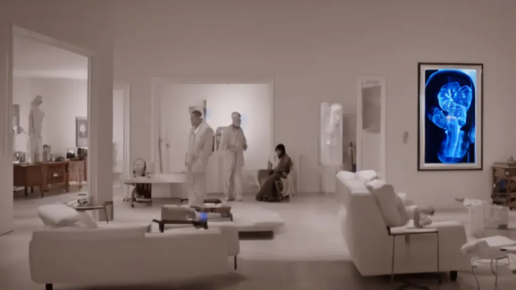 Image similar to an mri image in the living room, film still from the movie directed by denis villeneuve with art direction by salvador dali, wide lens