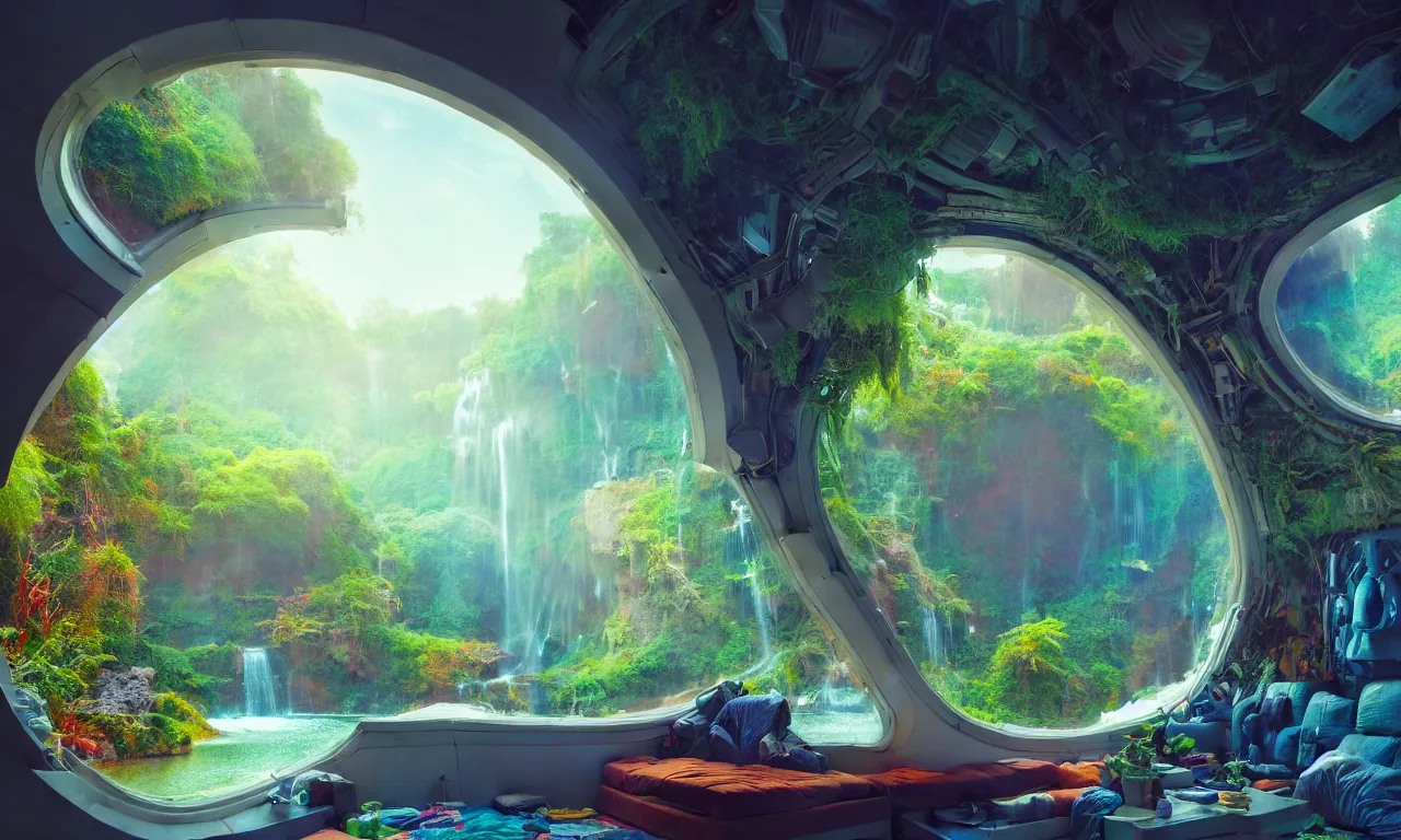 Prompt: cozy space inside of a spaceship for humans, massive windows to space, colorful detail, natural, plants, water features, waterfalls, 4 k, transcendent, trending on artstation, photorealistic, award winning, hyper detailed, rule of thirds, dramatic, volumetric lighting, octane render