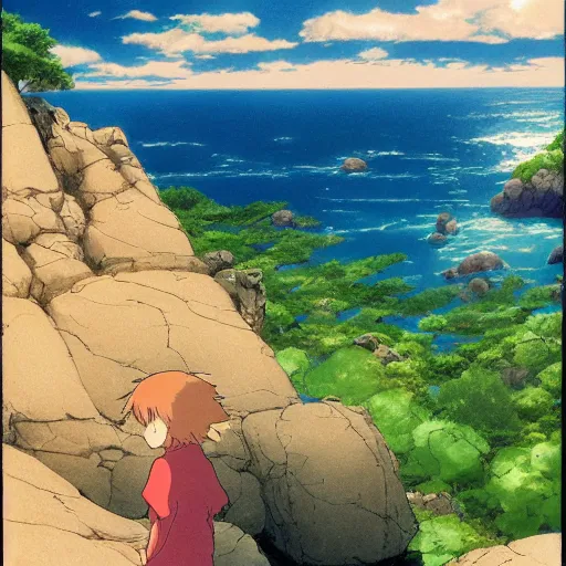 Image similar to Image from afar, man looking from the top of a large rock cliff, the sea hits the large stones hard, the clouds let through subtle rays of light, art by Hayao Miyazaki, whimsical, anime, children's illustration