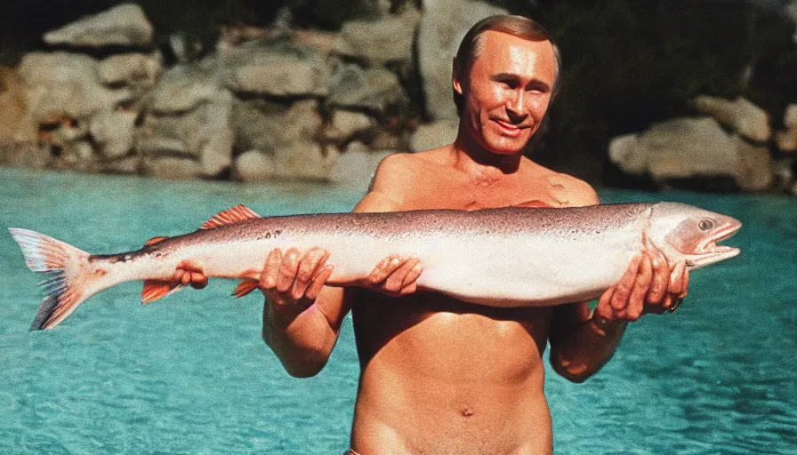 Image similar to 7 0 s movie still of putin in speedo, proudly holding a salmon, focus on his grin. cinestill 8 0 0 t _ 3 5 mm eastmancolor, heavy grain, high quality, high detail