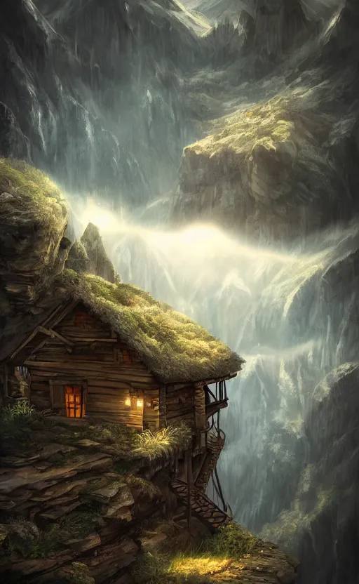 Image similar to cabin high on a mountain, the valley beneath, dynamic lighting, photorealistic fantasy concept art, trending on art station, stunning visuals, creative, cinematic, ultra detailed