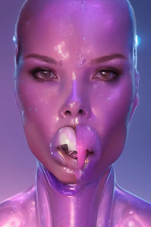 Image similar to attractive female i robot sticking tongue out sensually and sweating, close - up portrait, intricate, elegant, purple volumetric lighting, scenery, digital painting, highly detailed, artstation, sharp focus, illustration, concept art, luis rollo, ruan jia, steve mccurry, john berkey