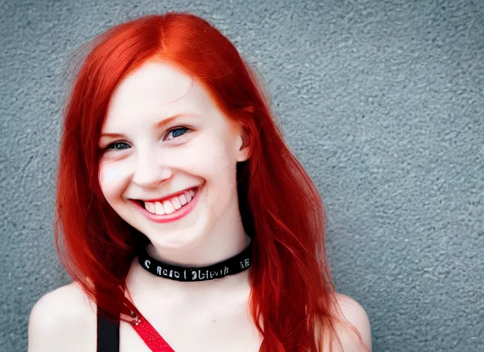 Image similar to portrait of a red haired girl with a choker necklace, and a beautiful smile