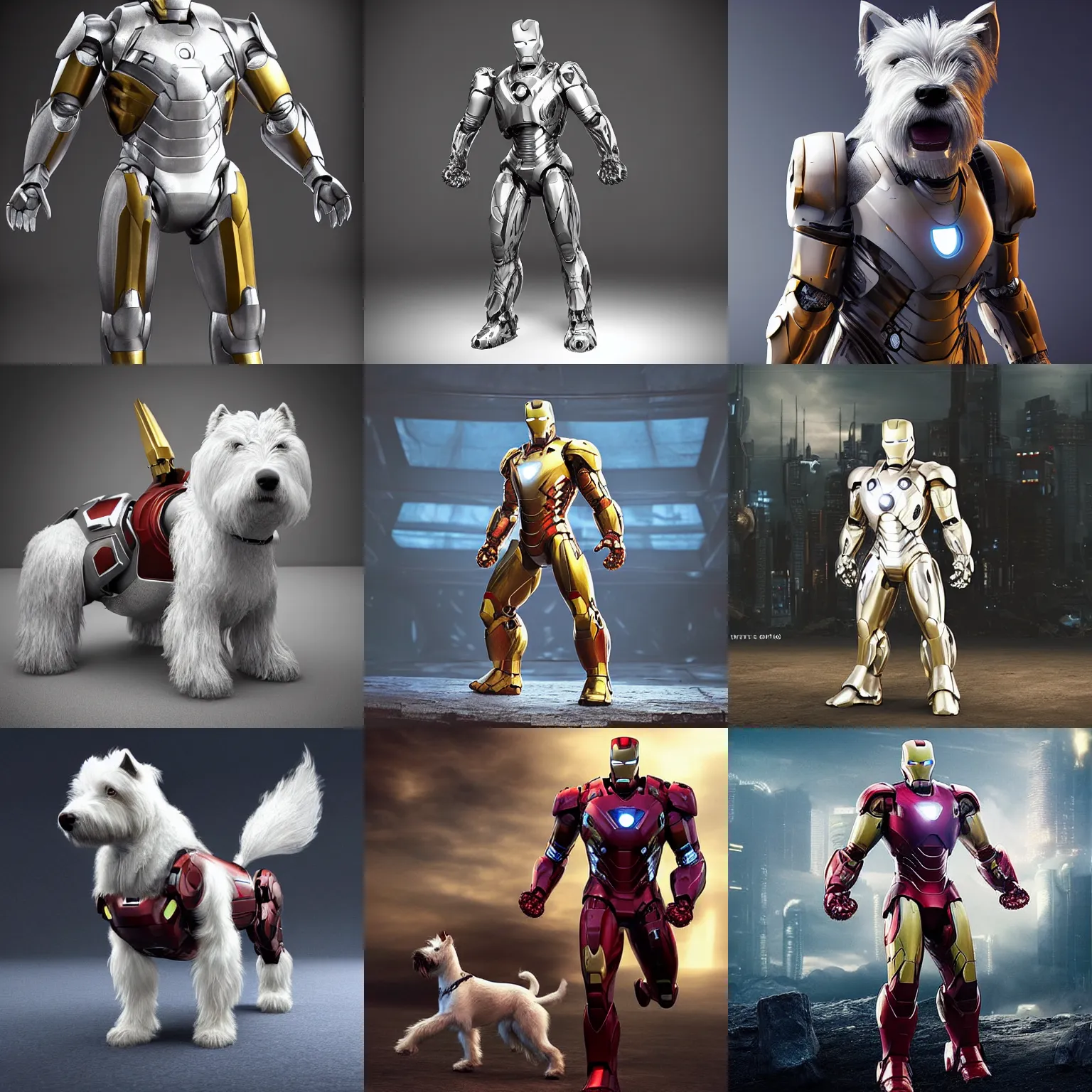 Prompt: “a strong, and muscular anthropomorphic west-highland-white-terrier wearing iron man body armor, full body photo, UHD, hyperrealistic render, 4k, cyberpunk”