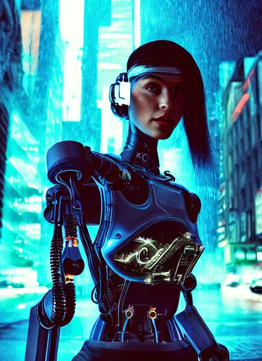 Prompt: cyberpunk,sci-fi, fantasy,Kodak Portra 400, 8K, soft light, volumetric lighting, highly detailed, britt marling style 3/4 ,portrait photo of a beautiful cyborg robot woman in a street of new york + face,night, fog, cyan lighting, intricate, elegant, highly detailed, digital painting, artstation, concept art, smooth, sharp focus, illustration,art by artgerm and greg rutkowski and alphonse mucha , sigma art 85mm F1.8