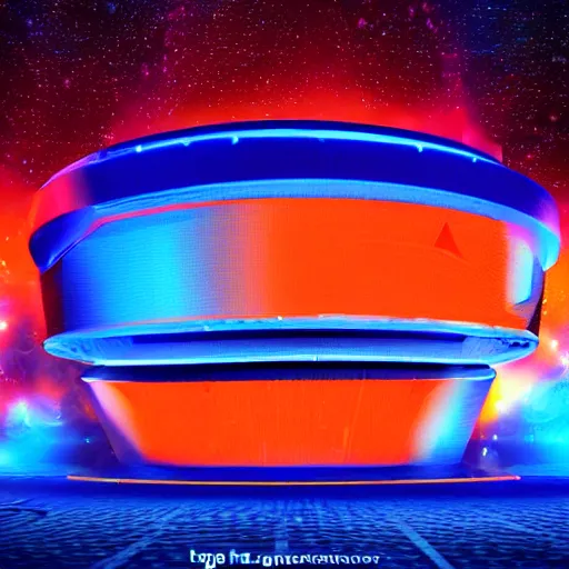 Image similar to an orange and blue contrast digital stadium in outer space, tron, digital art, holograms
