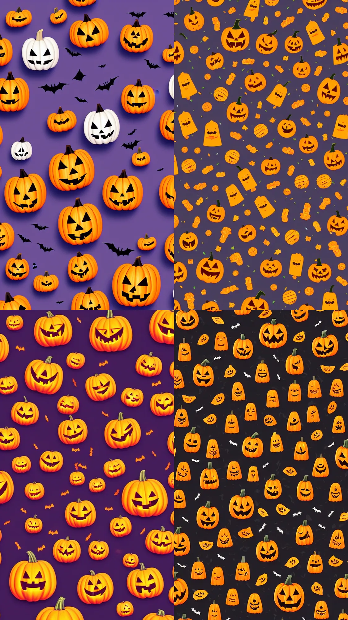 Prompt: Halloween wallpaper with ghosts, candy, jack-o-lanterns, cute 3D emoji low poly style