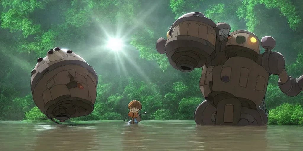 Image similar to a cell - shaded cartoon movie still from howl's moving castle ( 2 0 0 4 ) of a giant mechanical golem lifting a huge stone in a flooded rainforest valley. shafts of sunlight come from above. a ufo is in the sky. wide shot, very dull muted colors, hd, 4 k, hq