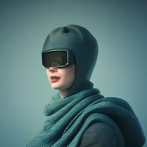 Prompt: a woman wearing a black scarf and a blue helmet, a raytraced image by mike winkelmann, featured on cgsociety, retrofuturism, vray tracing, ray tracing, daz 3 d, chrome reflections, triadic chrome shading